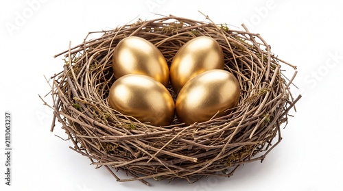 Four shiny golden eggs resting inside a natural twig nest