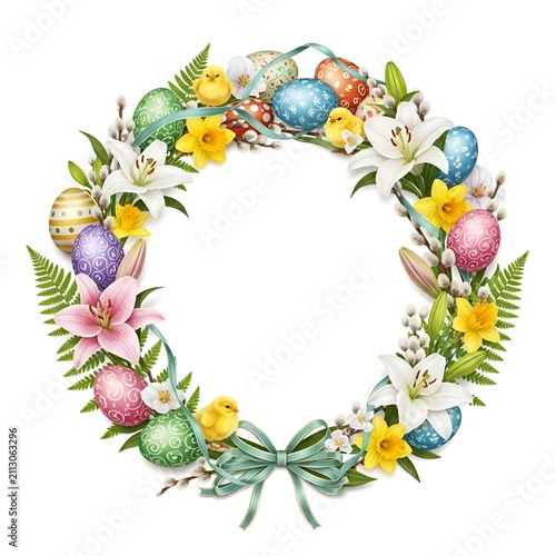Spring Floral Wreath With Colorful Easter Eggs