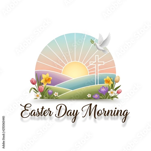 Easter Day Morning Landscape With Sunrise And Cross