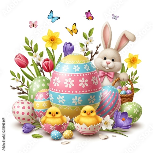 Easter Background With Bunny Chicks And Flowers
