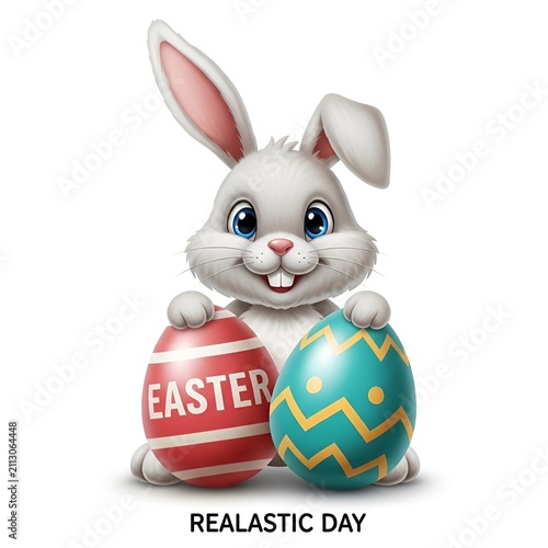 Cute Easter Bunny Holding Decorated Eggs