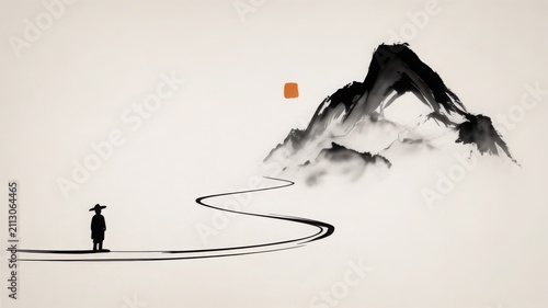 Minimalist Zen ink wash painting of a lone figure walking on a winding path towards mountains under a red sun