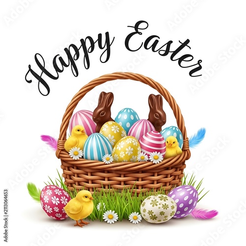 Easter Basket Filled with Colorful Decorated Eggs