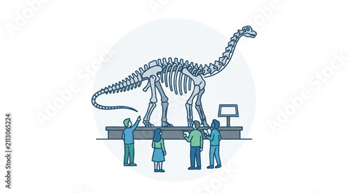 Foto Dinosaur skeleton exhibit with scientists and display.