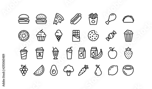 Junk Food Fast Food Sweet Snacks Healthy Fruits and Drinks Thin Line Vector Icon Set
