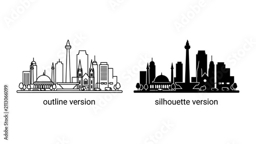 Bild auf Leinwand Cityscape Collection: A striking set of cityscape graphics, featuring both an outline and a silhouette version of a vibrant city skyline, perfect for adding urban flair to any design