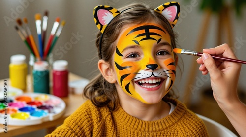 Young girl with tiger face paint smiles wide as artist applies final touches. Child wears tiger ears and yellow sweater. Art supplies and colorful paints are visible.