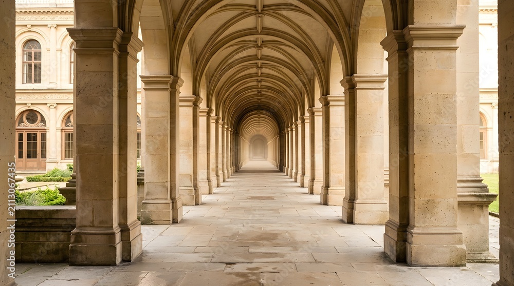 Obraz premium Historic stone archway corridor with classical architecture. Elegant walkway in a sunny outdoor setting.