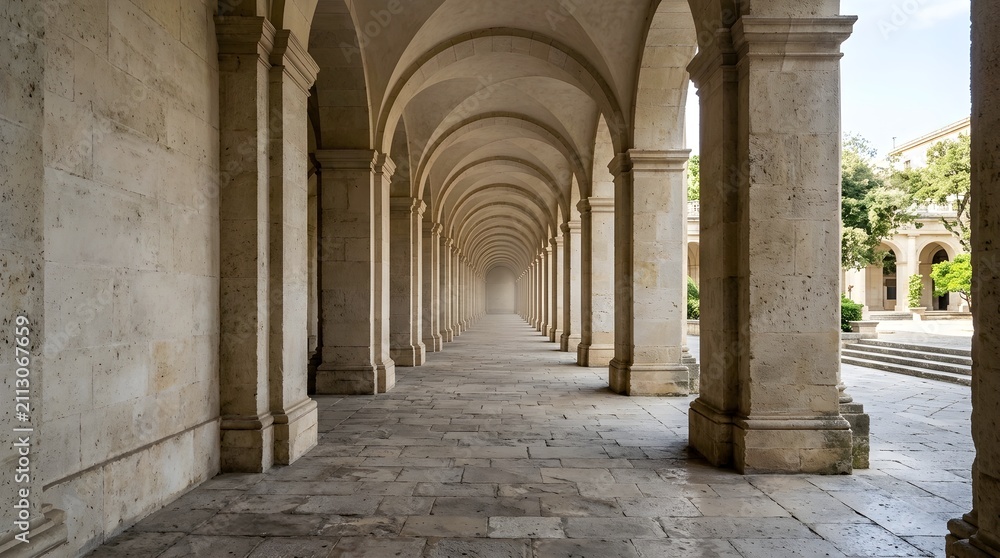 Obraz premium Historic stone colonnade with arches and columns. Elegant architectural corridor with natural daylight.