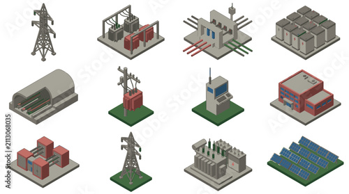 Isometric Industrial Buildings and Infrastructure Set.