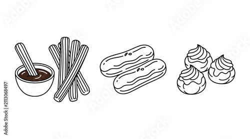 Foto Assorted pastries including churros eclairs and cream puffs.