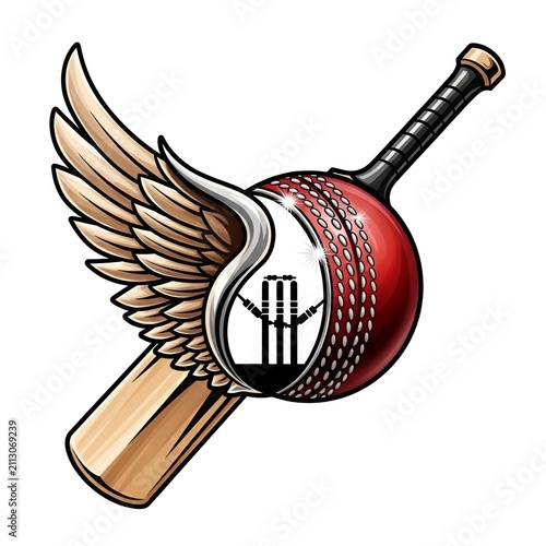 Cricket Bat With Wings And Ball Logo