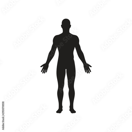 Black silhouette of a standing human body on a white background, full length view.
