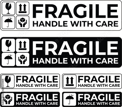 Set of Black and White Fragile Handle With Care Shipping Labels Vector Collection
