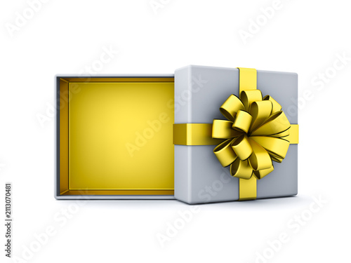 Blank gold gift box mockup exhibition booth products display stand showcase or opened present box tied with golden ribbon bow isolated on white background creative idea conceptual 3D rendering