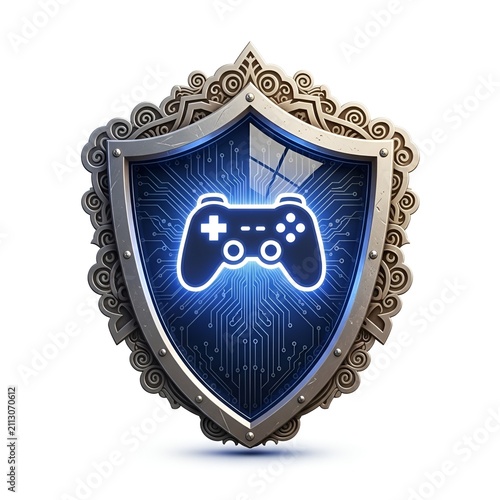 Metallic Shield Emblem With Video Game Controller