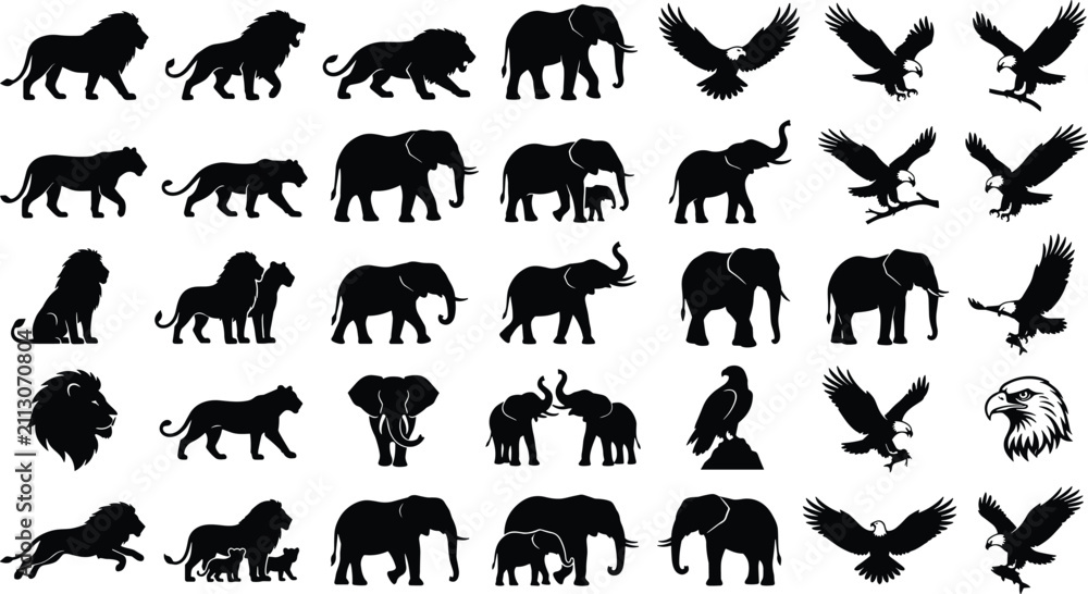 Obraz premium African Safari Wildlife Silhouette Icon Set Featuring Lions Elephants Panthers and Eagles for Nature Conservation Zoo Branding and Wild Animal Graphic Designs