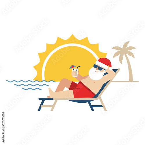 Santa Claus relaxing on a beach chair by the ocean with a cocktail, enjoying a sunny summer vacation.