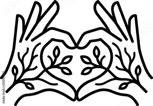Hands forming heart shape with growing branches and leaves, love nature concept