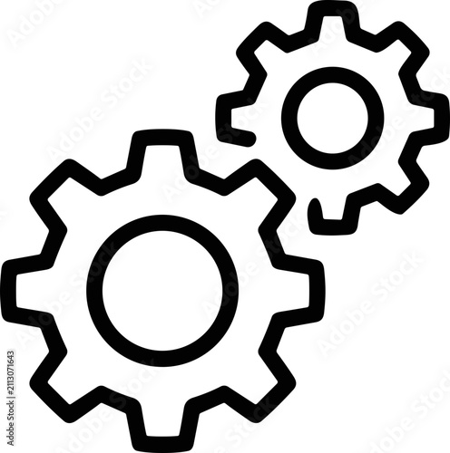 Two interlocking gears, simple line drawing, concept of teamwork, connection, and mechanics