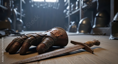 Medieval gauntlet and rusty sword on wooden floor with armor in background, historical fantasy setting