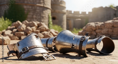 Medieval Knight Armor Pieces Scattered on Ground Before Ancient Castle Ruins