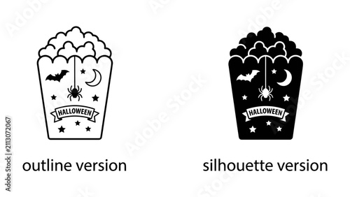 Canvas Print Halloween Popcorn Bucket Icon: A festive Halloween-themed popcorn bucket, presented in both outline and silhouette versions, featuring spooky elements like bats, a spider, a crescent moon, and stars