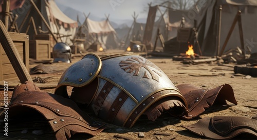 Medieval Knight's Abandoned Armor in a Tented Battlefield Camp, Symbolizing War and Decay