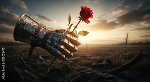 Medieval Knight's Gauntlet Holding a Red Rose in a Desolate Battlefield at Sunset, Symbol of Hope and Peace After War