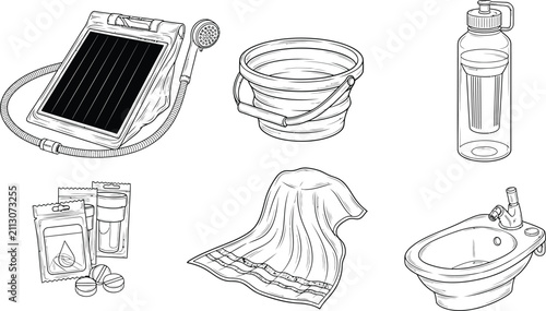 Obraz na płótnie Collection of camping and travel hygiene essentials including a solar shower col