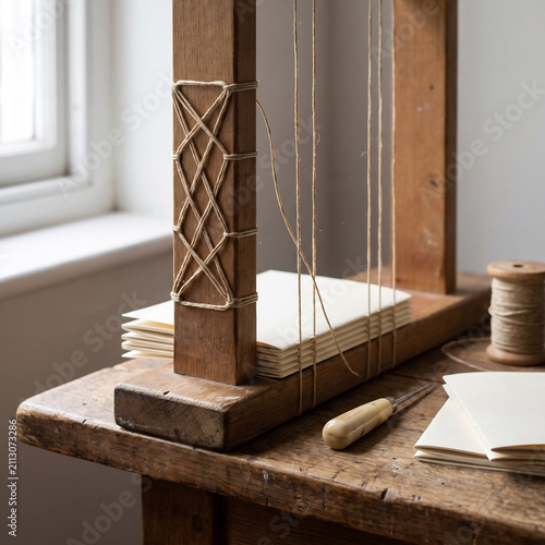 Waxed cord laced in a figure-eight pattern on a wooden bookbinding sewing frame