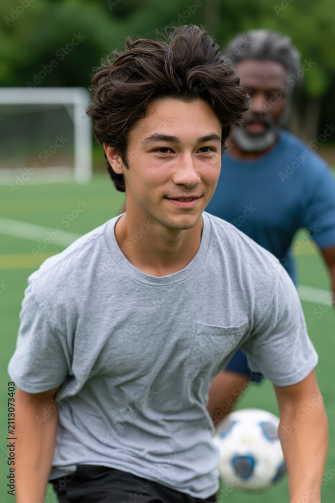 Fototapeta premium Young male teen dribbling soccer ball on turf for sports training background and youth coaching banner showing focus and active outdoor play
