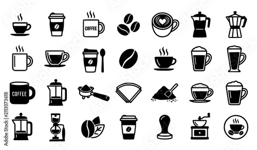 Foto Coffee Shop and Barista Equipment Vector Icon Set Featuring Espresso Cups Beans