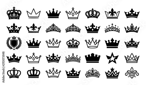 Canvas Print Royal Crown Black Silhouette Vector Icon Set Featuring Majestic King Queen Tiara