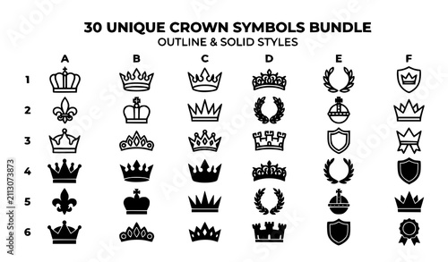 Photography Royal Crown and Heraldic Symbol Vector Icon Bundle Featuring King Queen Tiaras F