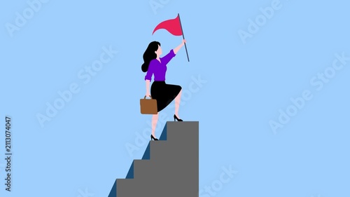 Career achievement and leadership concept with successful woman standing proudly at the stair top.