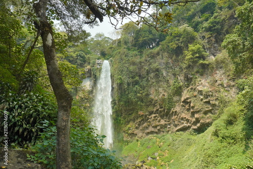 Waterfall of grojokan sewu in Indonesia streaming down, cascades down steep, verdant cliffside, through dense jungle. Ideal for travel , nature promos, and tourism features
