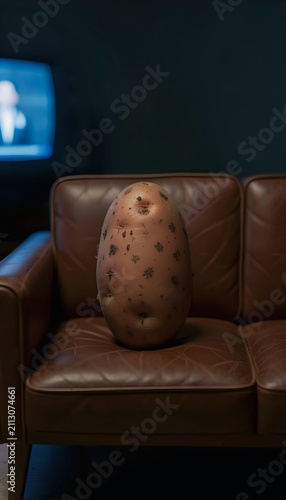 Humorous conceptual image of a potato sitting comfortably on a leather armchair, creating a playful visual metaphor for laziness, relaxation, procrastination, personality, and everyday humor.
