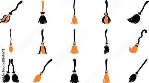 Bild auf Leinwand Collection of various witch broomsticks for halloween isolated on white backgrou