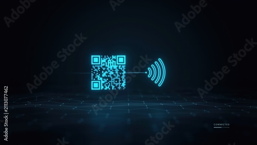 Digital QR code and wireless network signal symbols on a dark blue tech background