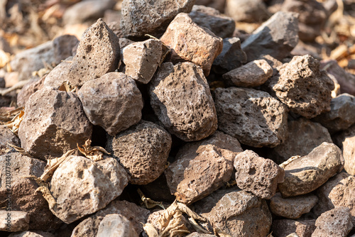 Fotografie A pile of porous brown volcanic rocks with scattered dry leaves