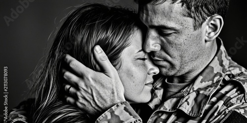 Military man in uniform holds woman close in loving embrace. Soldier reunites with partner after long deployment mission. Emotional couple touches foreheads during heartwarming homecoming reunion.