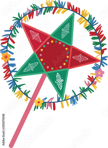 Colorful star shaped Filipino Christmas lantern parol with pink stick
