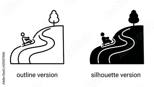Bild auf Leinwand Sledding Fun: Two illustration icons, one outline and one silhouette, depict a person sledding down a winding snowy hill under a stylized tree, capturing the exhilaration of winter sport