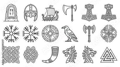 Viking Symbols Set: Runes, Axe, Helmet, Ship, Thor's Hammer, Raven