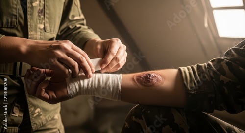 Military medic applying bandage to wounded soldier's arm injury on battlefield, close-up, serious mood