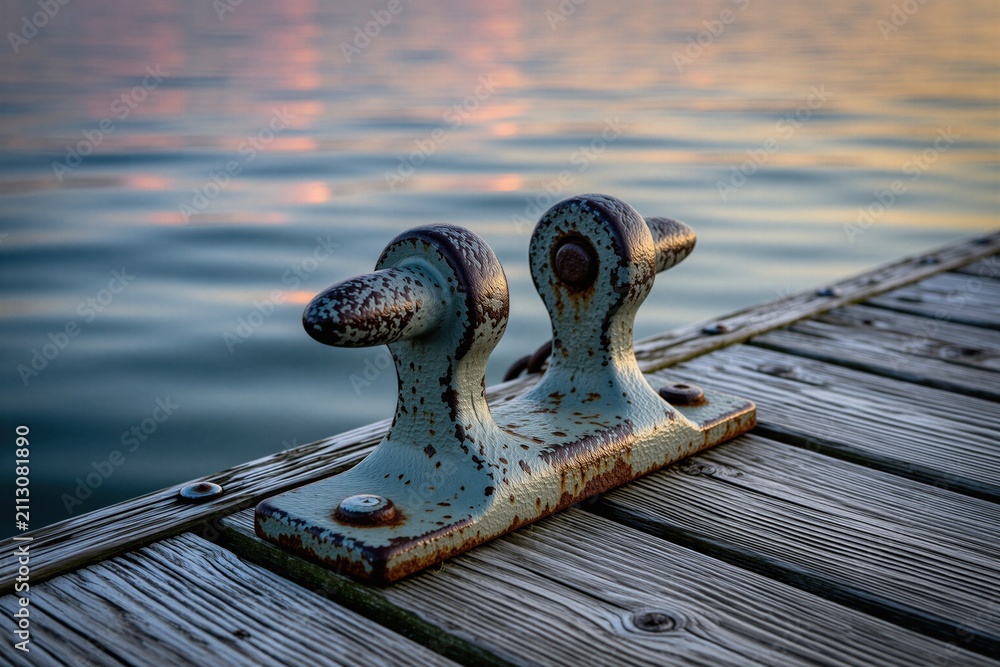 Obraz premium Old metal mooring cleat stands on wooden boat dock beside calm lake water at sunset. Weathered iron bollard serves for tying ship ropes at harbor quay. Rusty nautical equipment reflects evening light