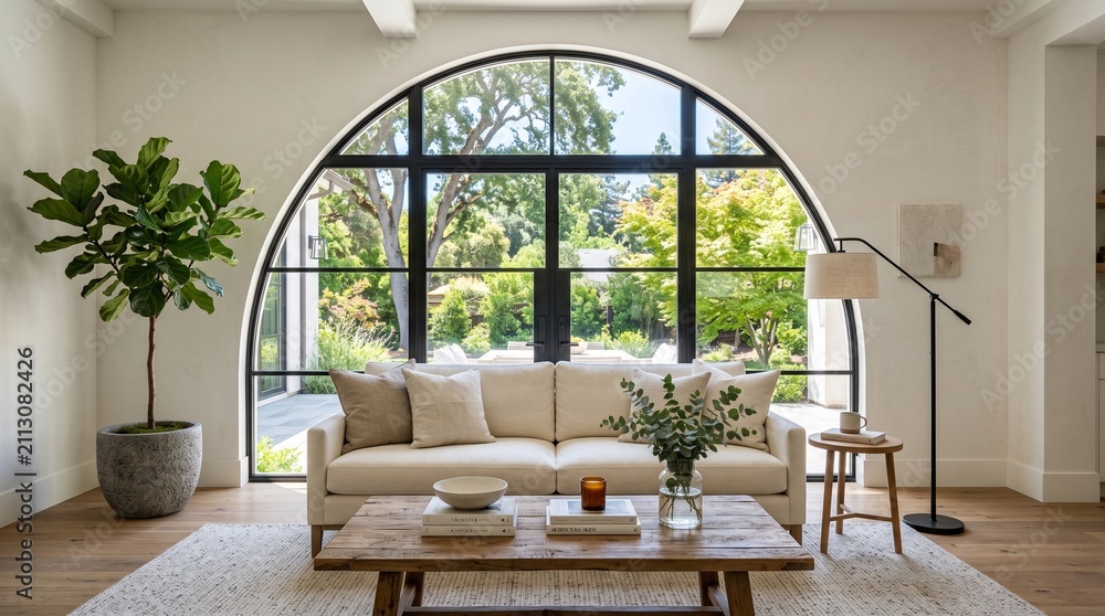 Fototapeta premium Modern Living Room with Arched Window and Neutral Decor