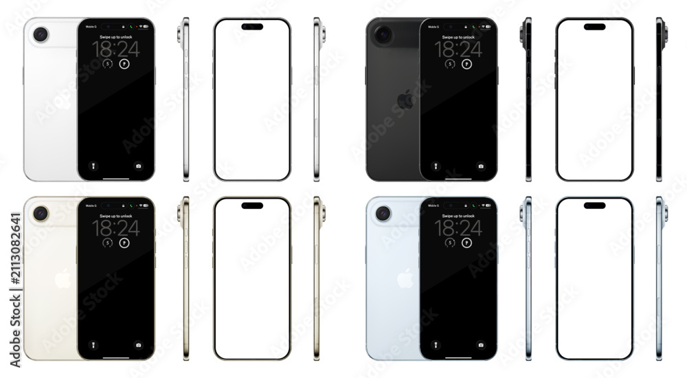 Obraz premium Apple Iphone 17 Air line mockup: Sky Blue, Light Gold, Cloud White, Space Black. Front, rear and side view. Vector editorial png