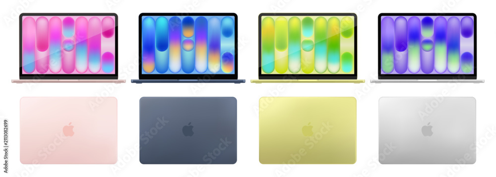 Fototapeta premium New Apple Macbook NEO 2026 lineup: Silver, Blush, Citrus, and Indigo colors. Top and front view isolated. Vector editorial png